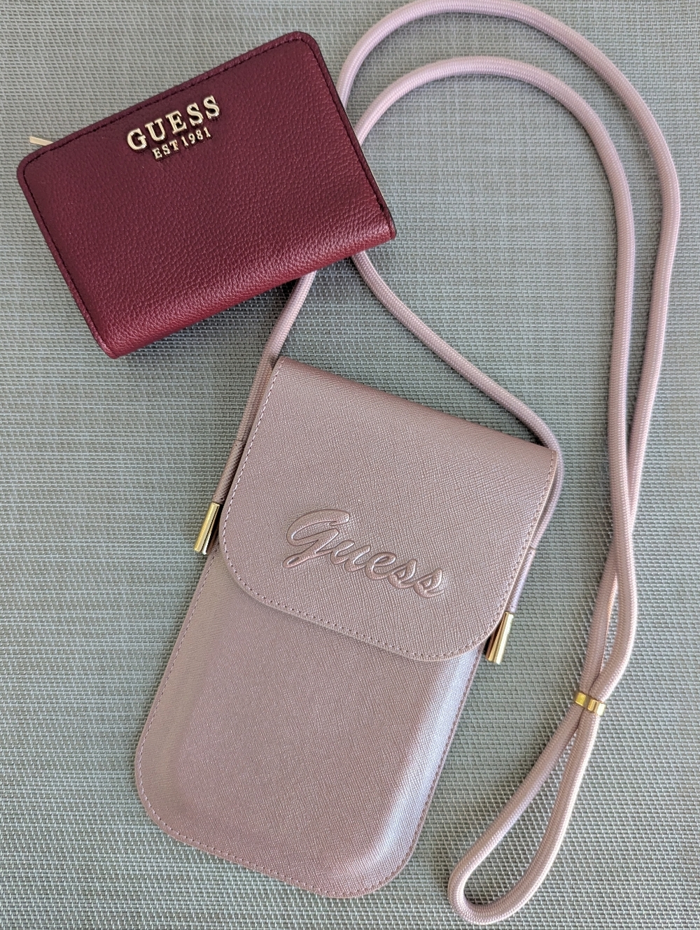 BUNDLE NEW Guess Saffiano Phone Crossbody Mini Bag & Glimmer Zip Around Wallet
